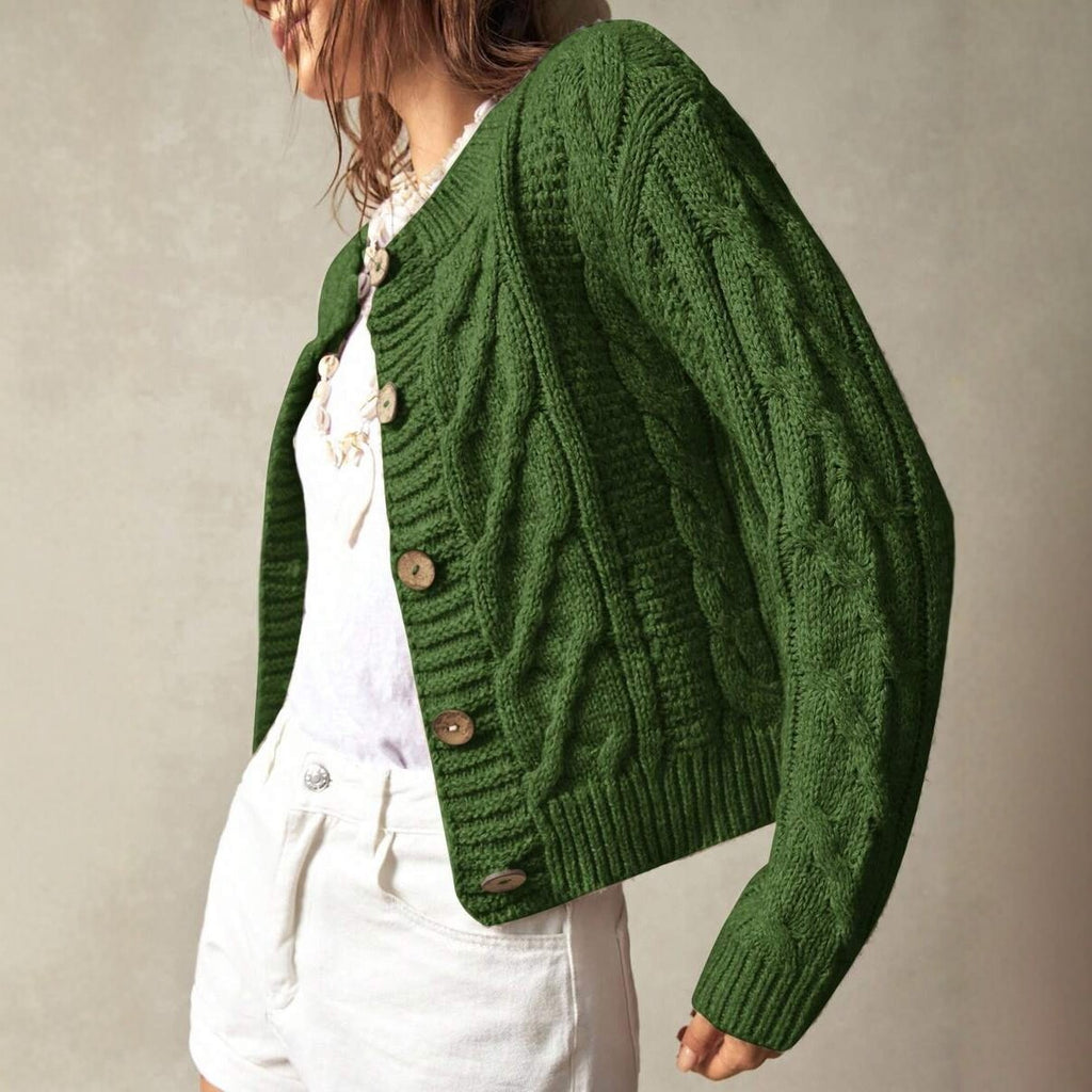 Retro Cable Knit Cardigan Women's Autumn Winter Round Neck Sweater Coat Slim Fit Green Twisted Knit Sweater