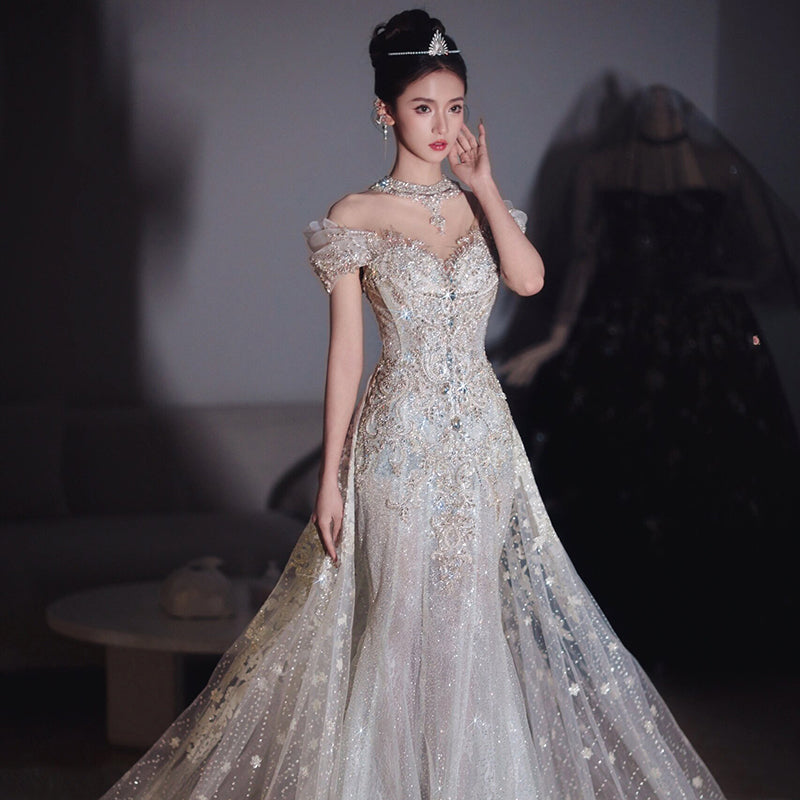 Color: With Veil And Gloves, Size: XXL - Fishtail Light Wedding Dress Bride Toasting Gown