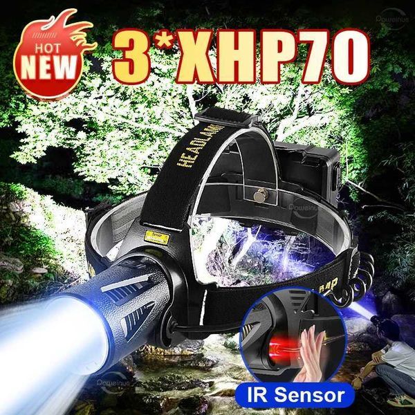 High Lumens XHP70 Headlamp High Power Fishing Headlight 3 Modes Waterproof Super Bright Hunting Tactical Camp Head FlashlightCL240807