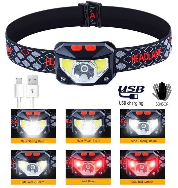 8-mode motion sensor XPE+COB LED headlight flash USB charging waterproof camping headlight running fish head light Y241004