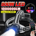 1000000LM Powerful Long Range LED Headlamp 800W Headlight USB Rechargeable Flashlight High Power Outdoor Head Lamp Fishing Light 250314
