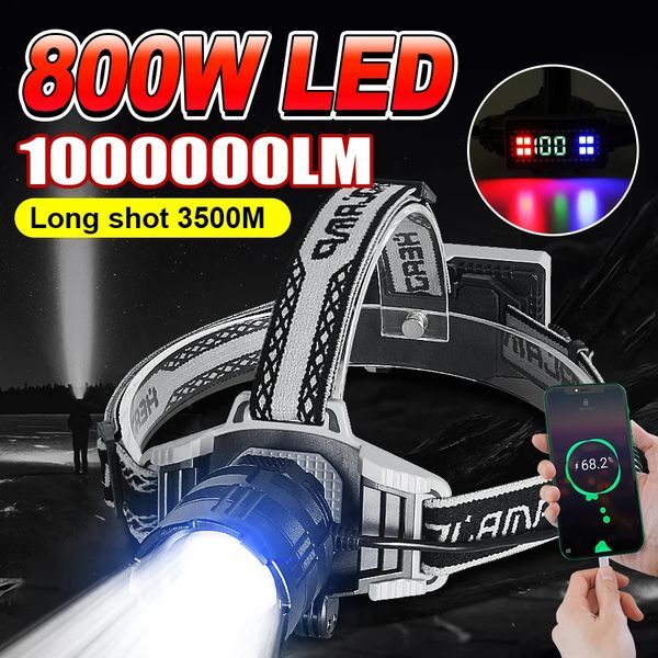 1000000LM Powerful Long Range LED Headlamp 800W Headlight USB Rechargeable Flashlight High Power Outdoor Head Lamp Fishing Light 250314