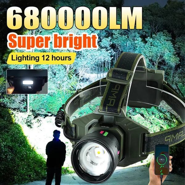 680000LM Most Powerful LED Headlamp Strong Light Camping Head Flashlight USB Rechargeable Headlight with Fluoresce Hunting Lamp tues