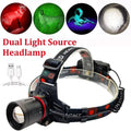 F2 Green/Red/UV Led Light Headlamp Zoomable Head Lamp Torch 4 Modes Headlight USB Charging Fishing Hunting Camp Flashlight tues