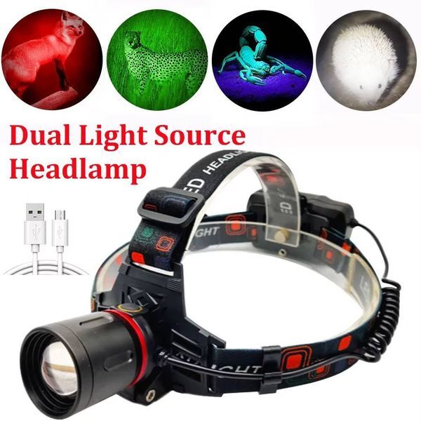 F2 Green/Red/UV Led Light Headlamp Zoomable Head Lamp Torch 4 Modes Headlight USB Charging Fishing Hunting Camp Flashlight tues