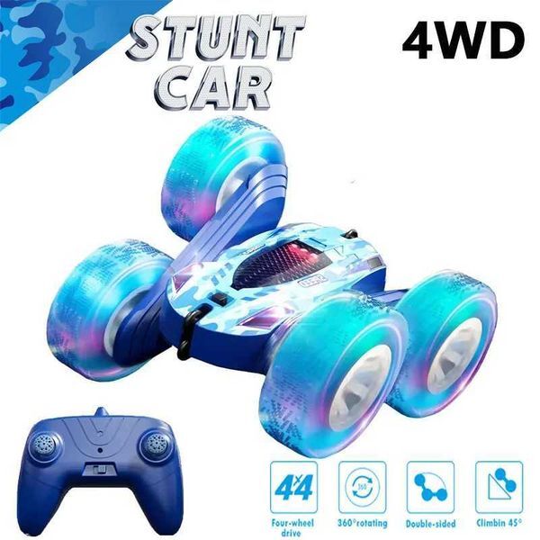 Color: Blue - Remote Control Car Double Sided 360 Rotating 4WD RC with Headlights 2.4GHz Electric Race Stunt Toy Car Rechargeable Toy CarXJ260703