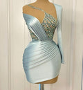 Color: Ivory - Chic Light Sky Blue Sheath Cocktail Dress Satin Pearls Sequined Short Mini Graduation Homecoming Dresses For Special Occasions Sweetheart Gowns