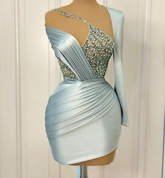 Color: Ivory - Chic Light Sky Blue Sheath Cocktail Dress Satin Pearls Sequined Short Mini Graduation Homecoming Dresses For Special Occasions Sweetheart Gowns