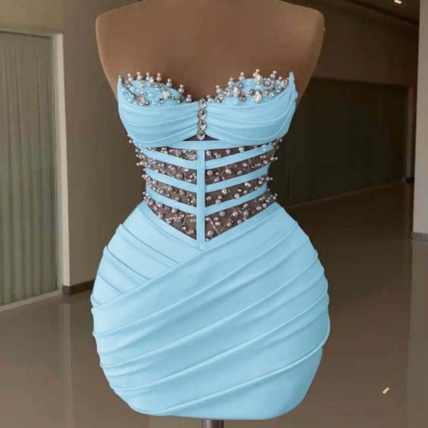 Color: Champagne - Chic Light Sky Blue Sheath Cocktail Dress Sweetheart Crystals Pearls Short Mini Graduation Homecoming Dresses For Special Occasions Sweetheart Gowns