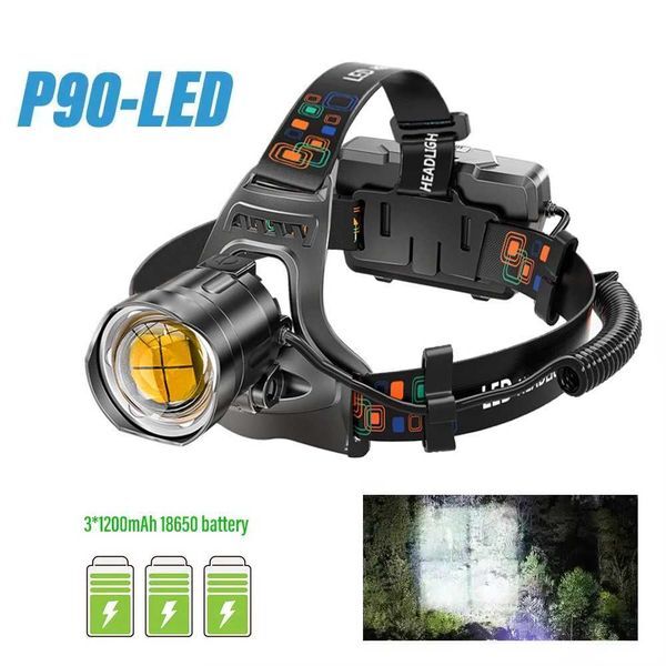 Super Bright LED Headlamp with XHP90 Lamp Beads Waterproof Headlight Power Display Suitable Exploration Hunting Fishing W250924