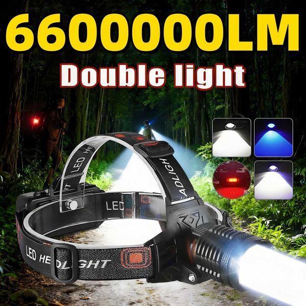6600000LM Long Range Headlamp with Dual Light Sources 18650 Recharge Headlight for Fishing Inspection Camping and Flood LightingW251128