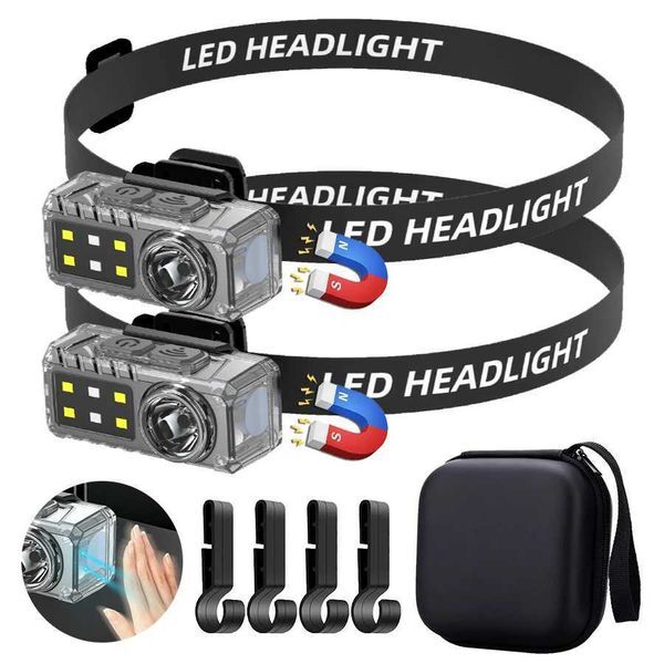 Powerful LED Headlamp Wave Sensor Camping Fishing Lantern USB Rechargeable Headlight with Magnet Warning Lamp Cap Clip LightsW251129