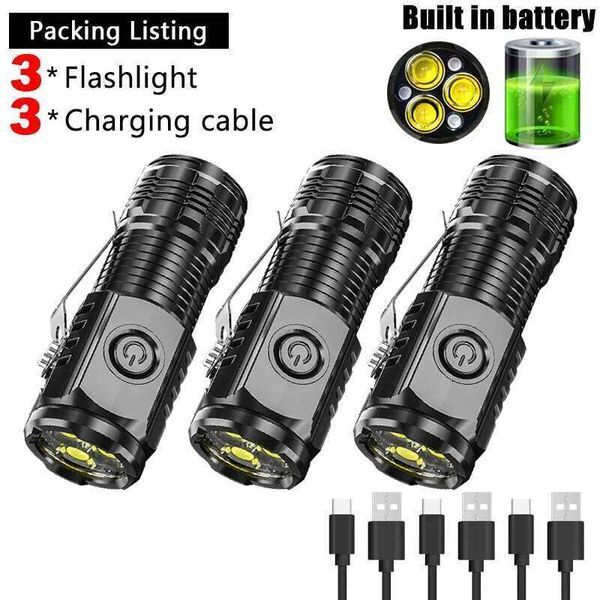Super Bright Mini 3LED Flashlight With Pen Clip And Tail Magnet,Builtin Battery USB Charge Outdoor Portable Torch Emergency Lamp C260129
