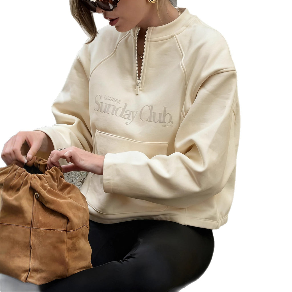 Casual Classic Half-Zip Stand Collar Loose Sweatshirt with Letter Print, Oversized Pullover Top