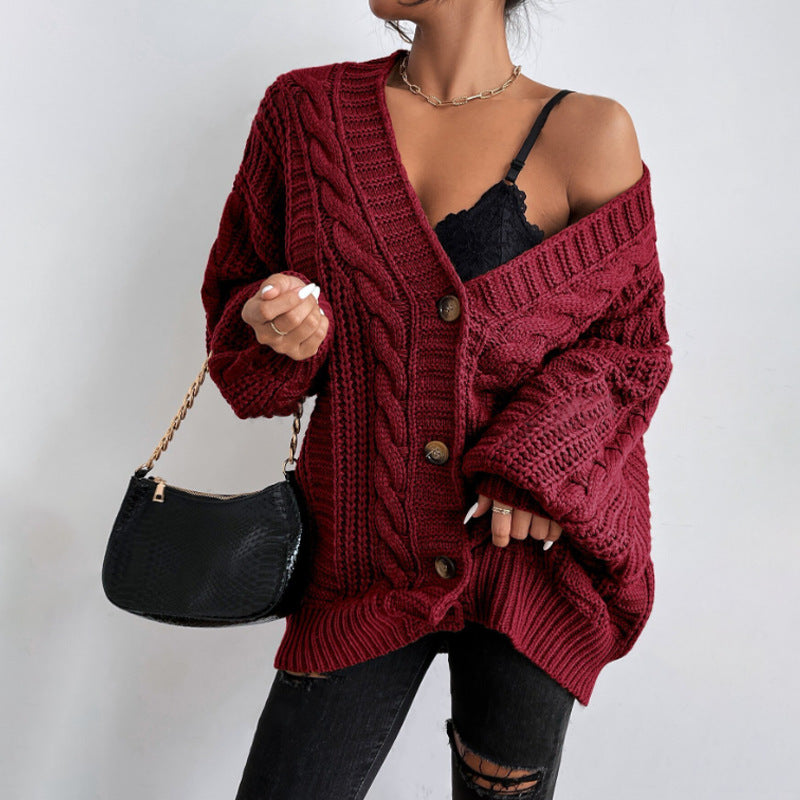V-neck sweater women retro fashion loose cable knit lantern sleeve cardigan knit jacket