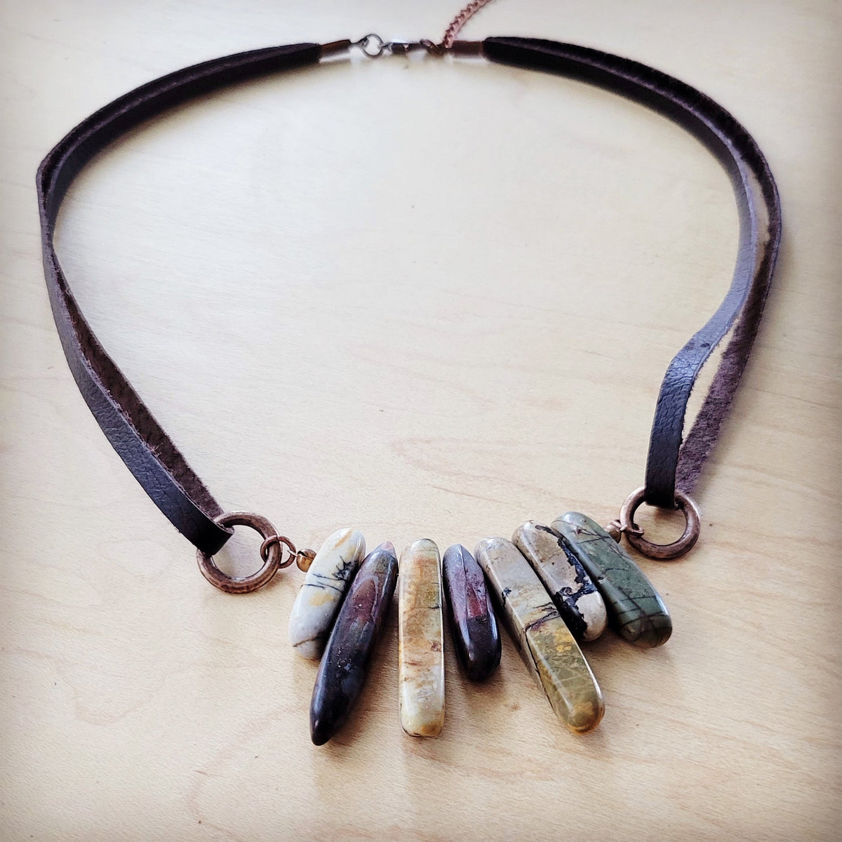 Picasso Jasper Stone Collar Necklace w/ Genuine Leather Cord 261f