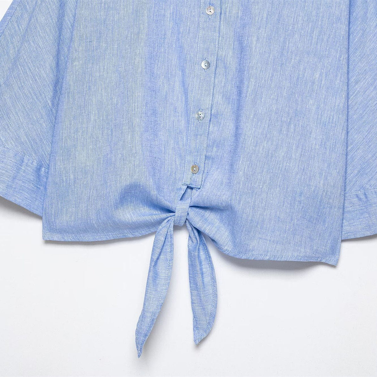 Flip collar short sleeved linen blended bow decoration short shirt