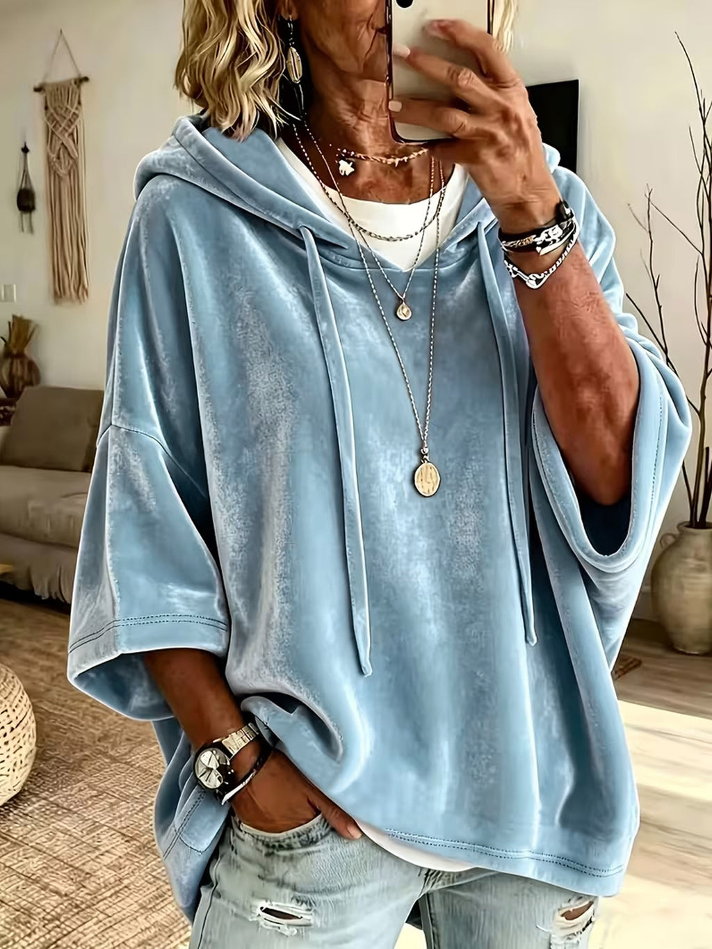 Style Autumn/Winter Women's 3/4 Sleeve Solid Color Velvet Casual Hooded Sweatshirt Top