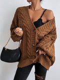 V-neck sweater women retro fashion loose cable knit lantern sleeve cardigan knit jacket