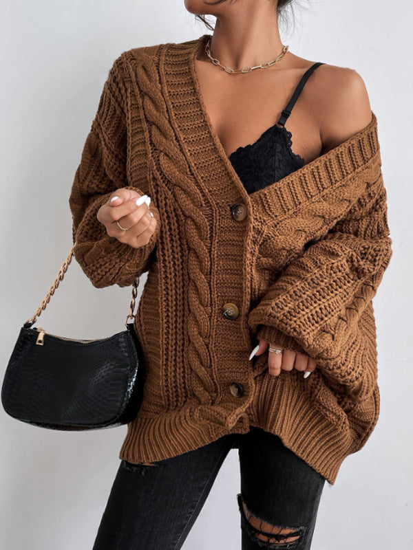 V-neck sweater women retro fashion loose cable knit lantern sleeve cardigan knit jacket