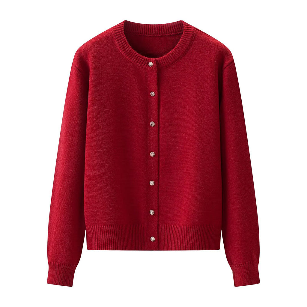 Solid color round neck long sleeved knitted cardigan jacket