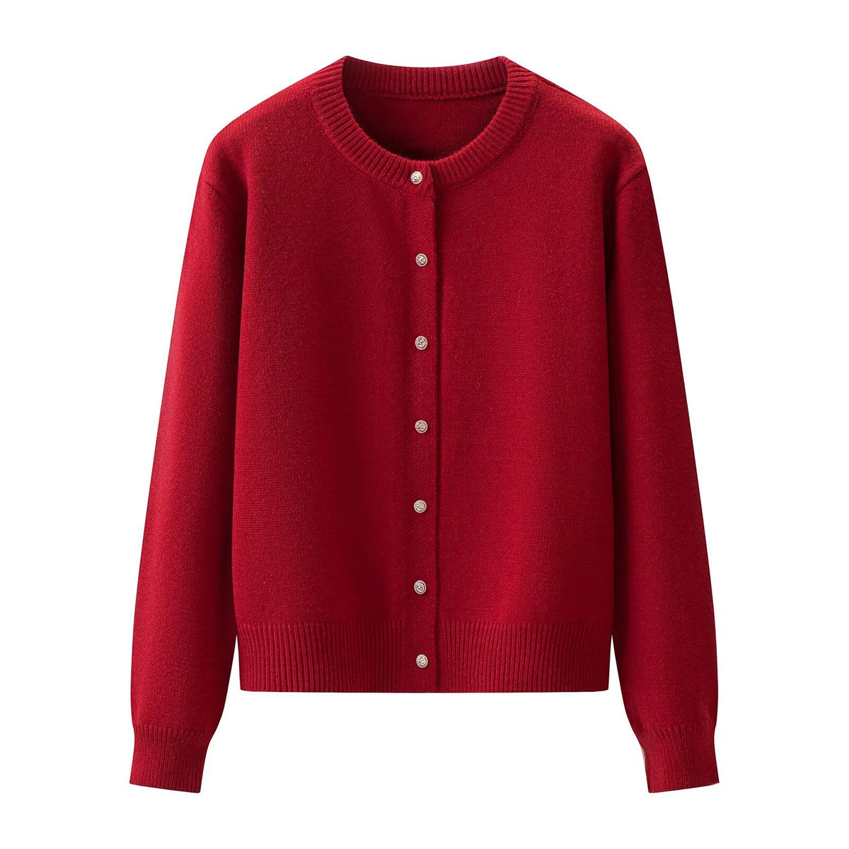 Solid color round neck long sleeved knitted cardigan jacket