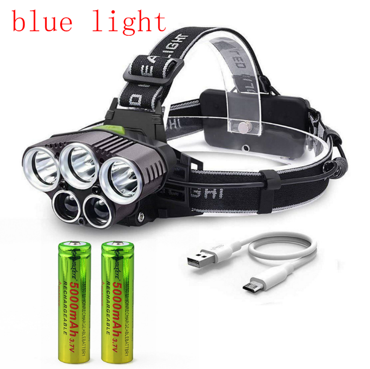 Color: Blue, Style: With battery - 6-mode USB rechargeable outdoor night fishing 5LED headlight