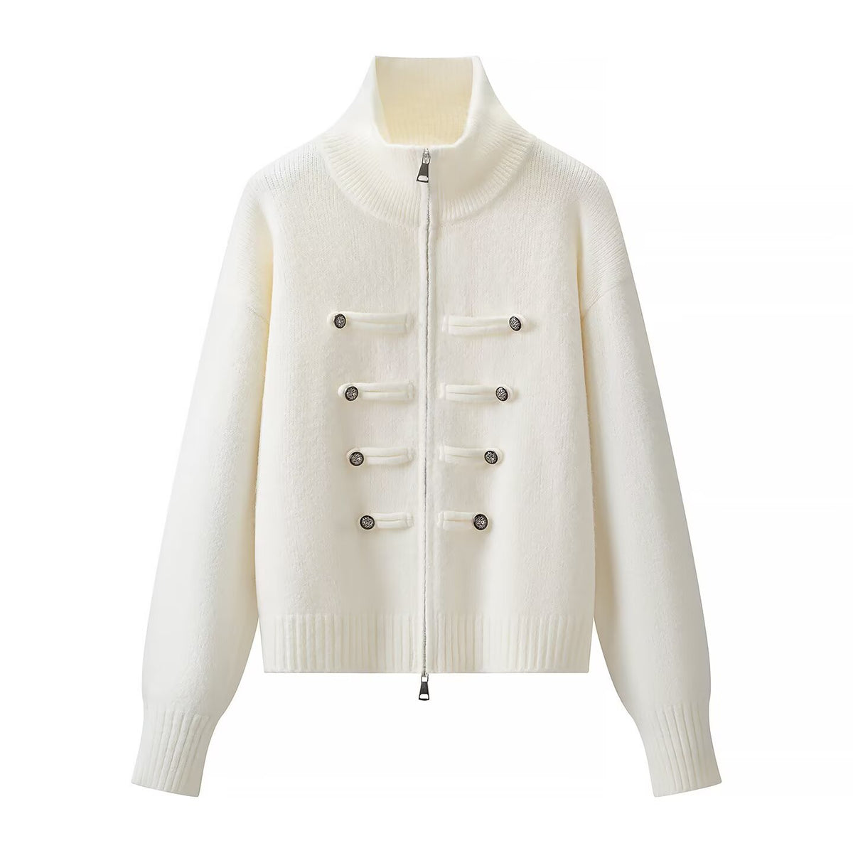 Stand up collar decorative buckle knitted cardigan