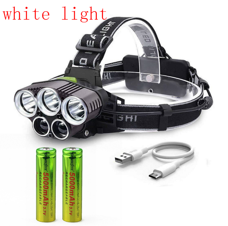 Color: White, Style: With battery - 6-mode USB rechargeable outdoor night fishing 5LED headlight