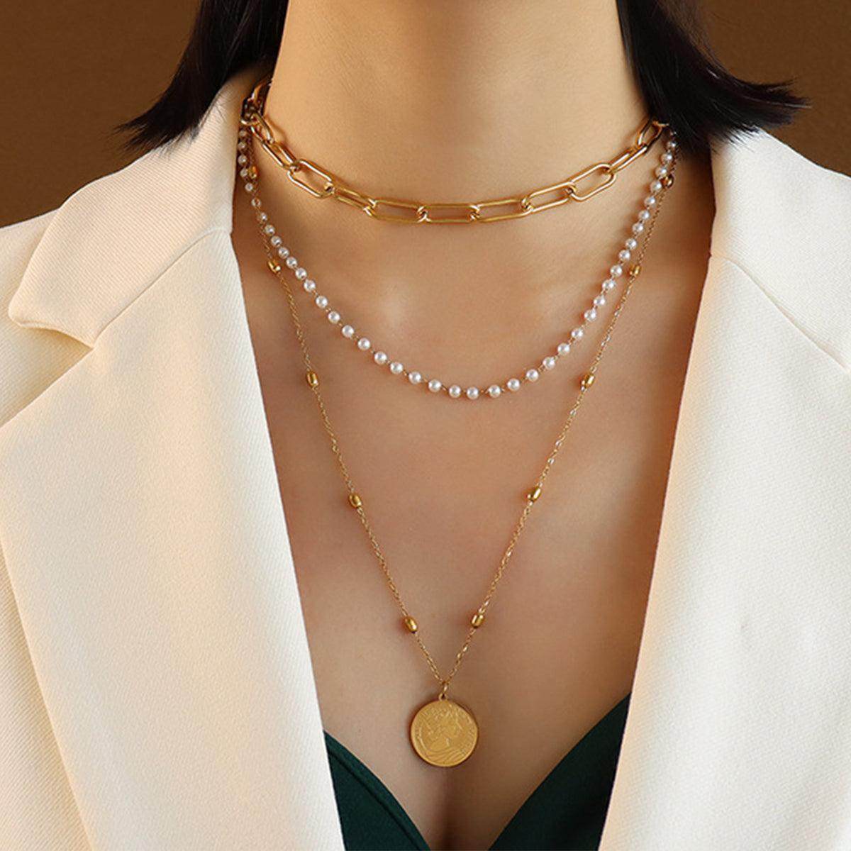 Synthetic Pearl Titanium Steel Three-Layered Necklace for Women
