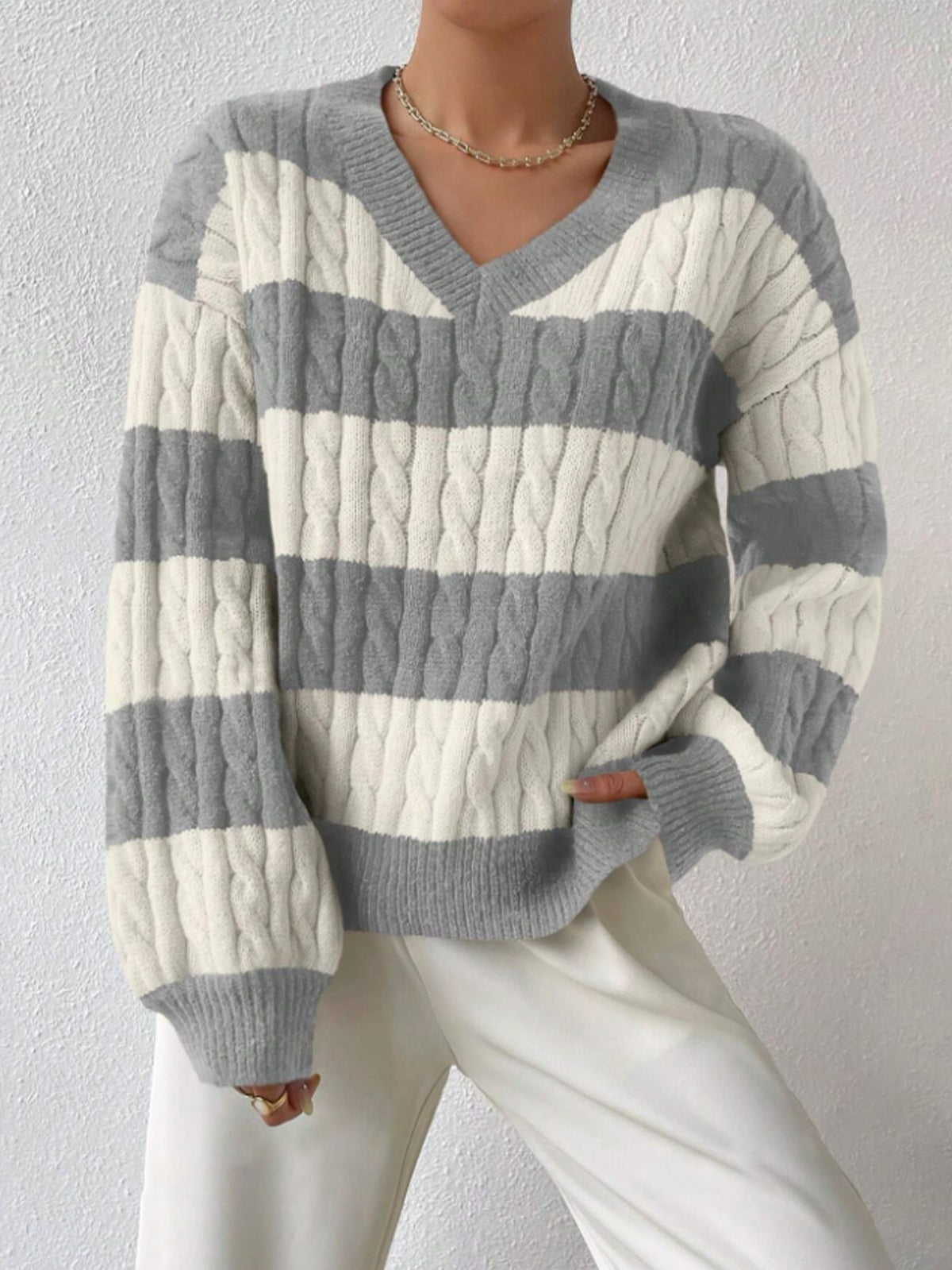 Autumn Winter Knitwear Fashion Vintage Striped Color-block Sweater Loose Casual Versatile Top