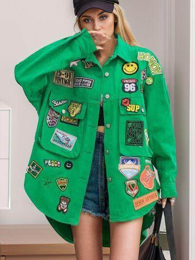 Embroidered Patch Button Up Long Sleeve Denim Jacket for Women