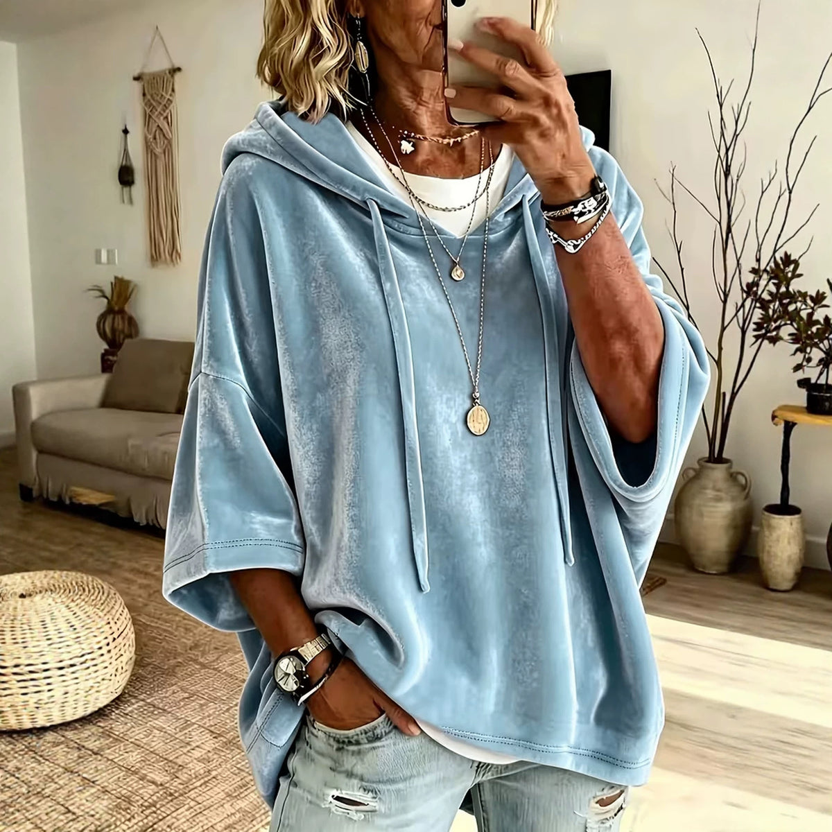 Style Autumn/Winter Women's 3/4 Sleeve Solid Color Velvet Casual Hooded Sweatshirt Top