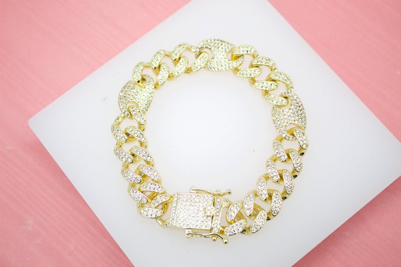 18K Gold Filled 12mm Cuban Curb Link And Gucci Mariner Link Chain Bracelet With Clear CZ Stones (I287-129)