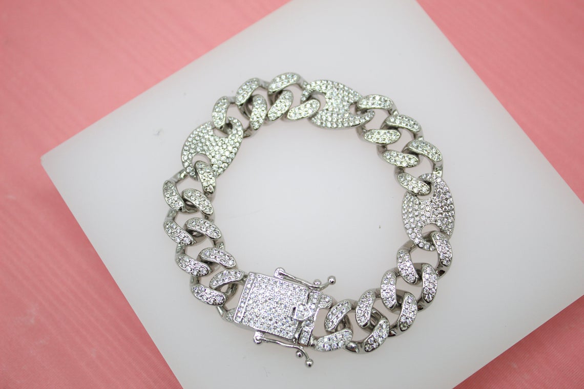 18K Gold Filled 12mm Cuban Curb Link And Gucci Mariner Link Chain Bracelet With Clear CZ Stones (I287-129)