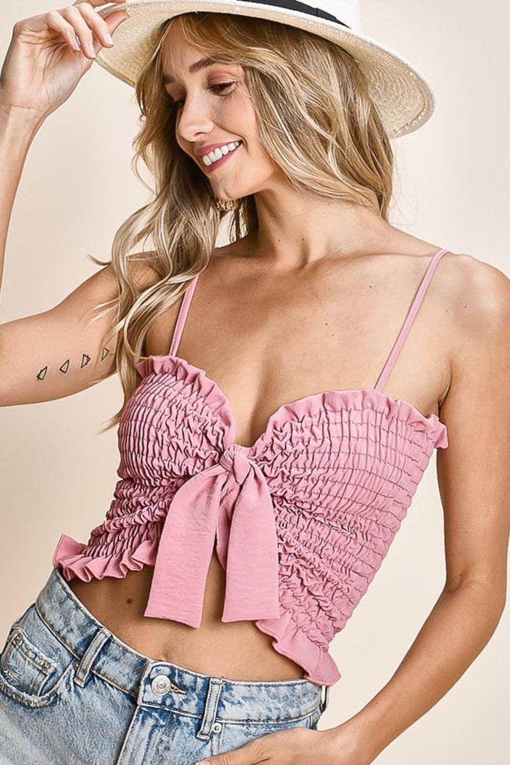 BiBi Ruffled Smocked Ribbon Detail Cami for Women-0