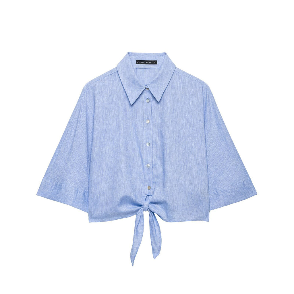 Flip collar short sleeved linen blended bow decoration short shirt