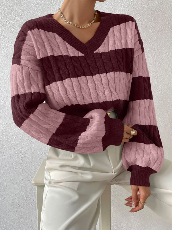 Autumn Winter Knitwear Fashion Vintage Striped Color-block Sweater Loose Casual Versatile Top