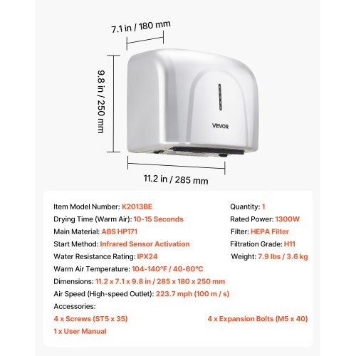 Hand Dryer, 1300W Bathroom Air Hand Dryer, Automatic High Speed with HEPA Filter, Fast Drying, Premium ABS Construction, AC110-120V Commercial Wall Mounted for Home Bathroom, Guest Room,Homestay