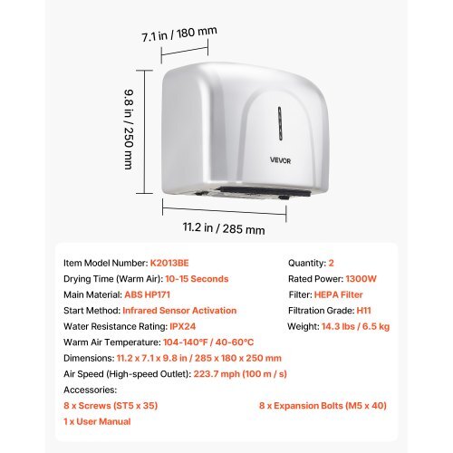 Hand Dryer, 2 Pack 1300W Bathroom Air Hand Dryer, Automatic High Speed with HEPA Filter, Fast Drying, ABS Construction, AC110-120V Commercial Wall Mounted for Home Bathroom, Guest Room,Homestay