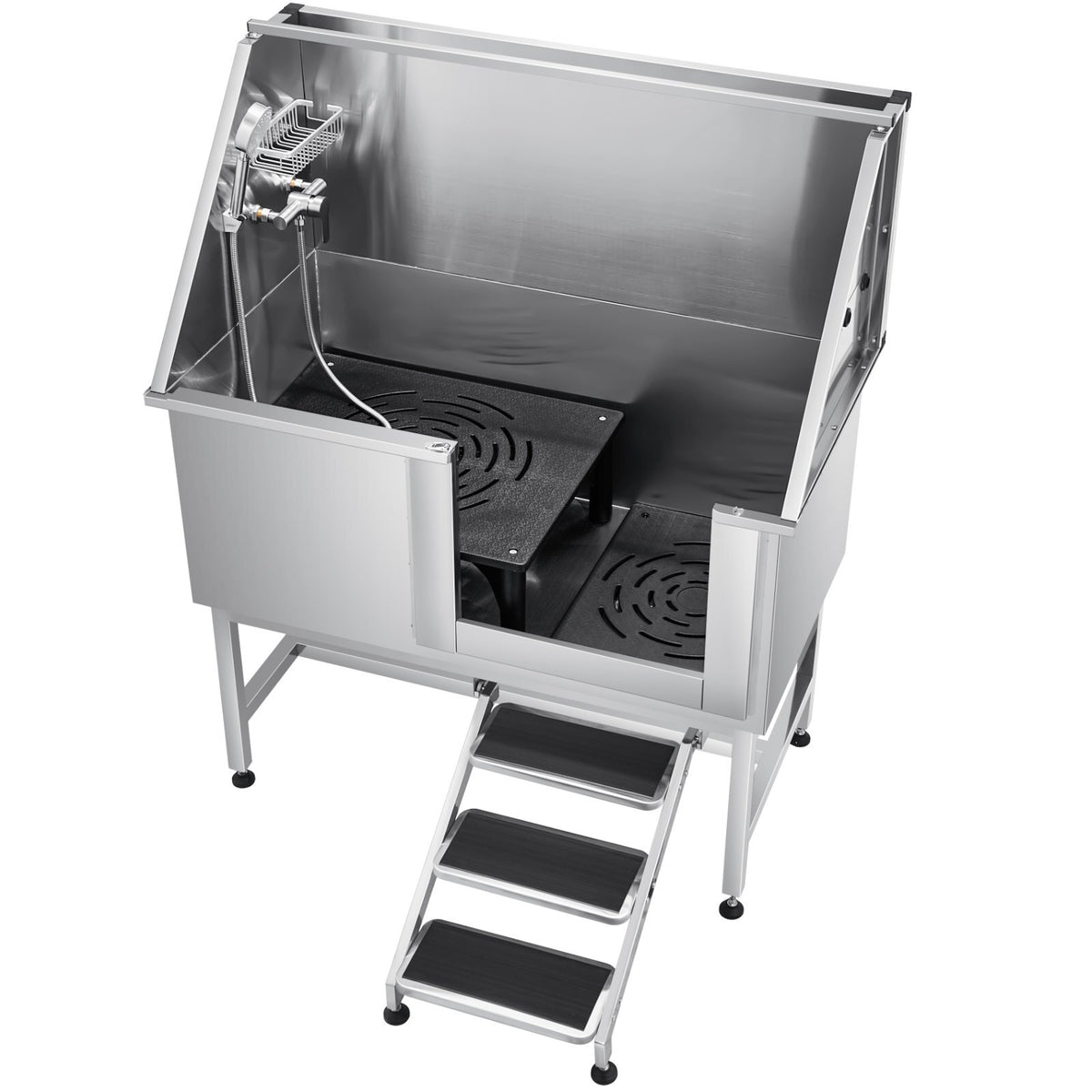 Stainless Steel Dog Washing Station, 50 inch Pet Grooming Tub w/ Stairs, PE Water Filter Board, Faucet & Showerhead & Soap Holder Dog Bathtub for Large & Medium & Small Pets (Left Door)