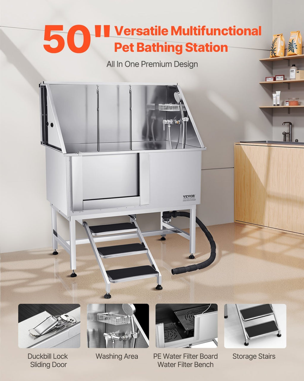 Stainless Steel Dog Washing Station, 50 inch Pet Grooming Tub w/ Stairs, PE Water Filter Board, Faucet & Showerhead & Soap Holder Dog Bathtub for Large & Medium & Small Pets (Left Door)
