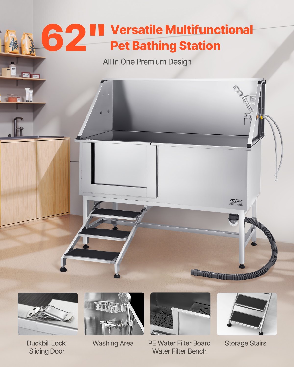 Stainless Steel Dog Washing Station, 62 inch Pet Grooming Tub w/ Stairs, PE Water Filter Board, Faucet & Showerhead & Soap Holder Dog Bathtub for Large & Medium & Small Pets (Left Door)