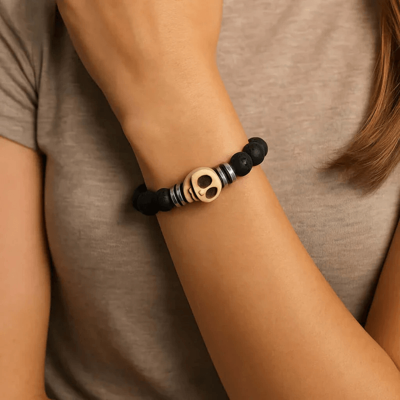 Black lava skull stone bracelet natural