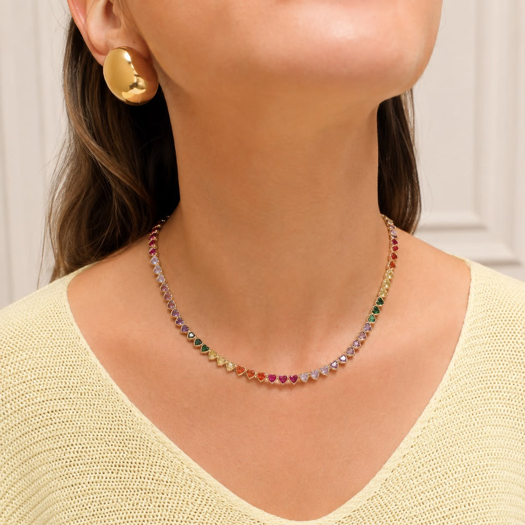 5mm Rainbow Bezel Heart Tennis Necklace (G77A/I110)