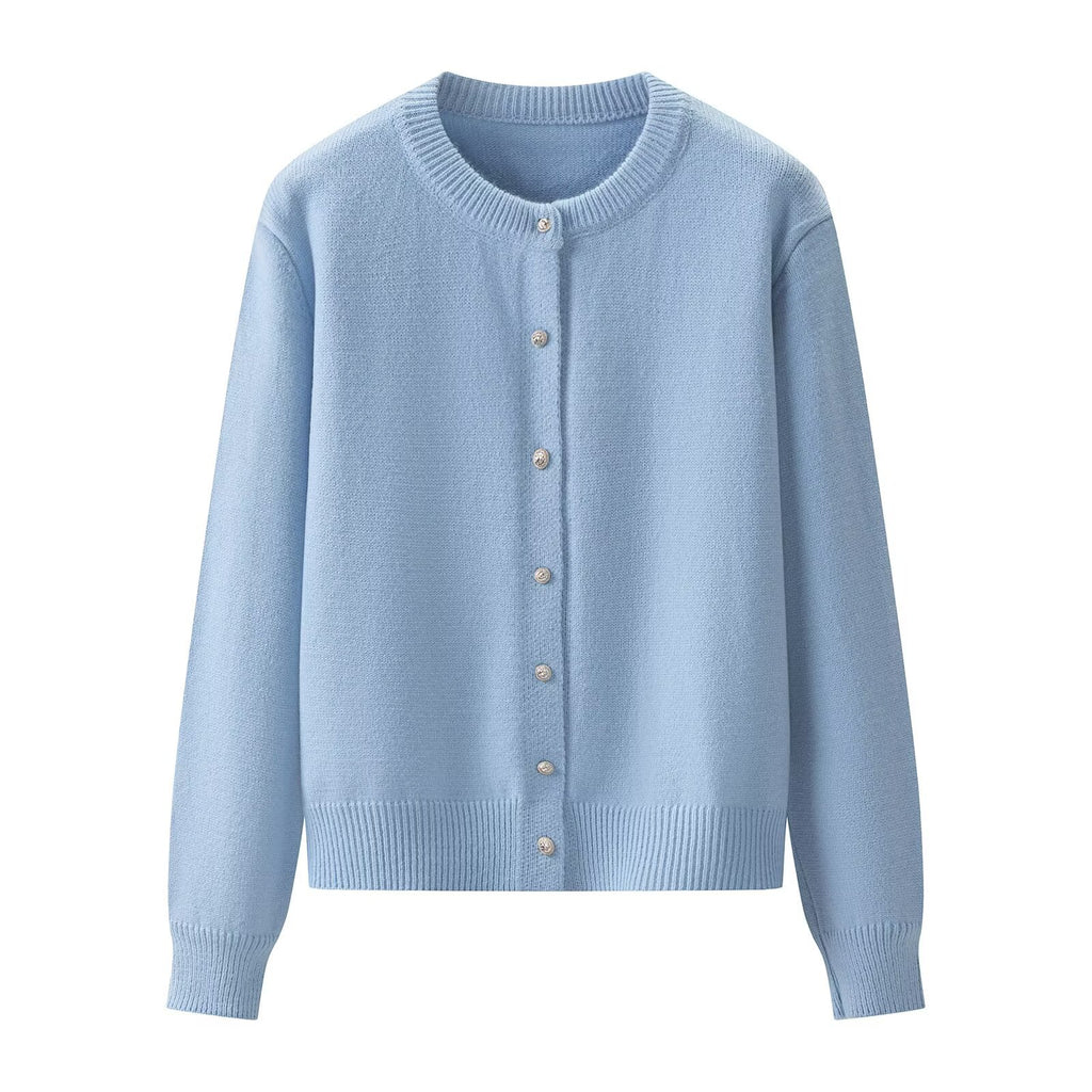 Solid color round neck long sleeved knitted cardigan jacket