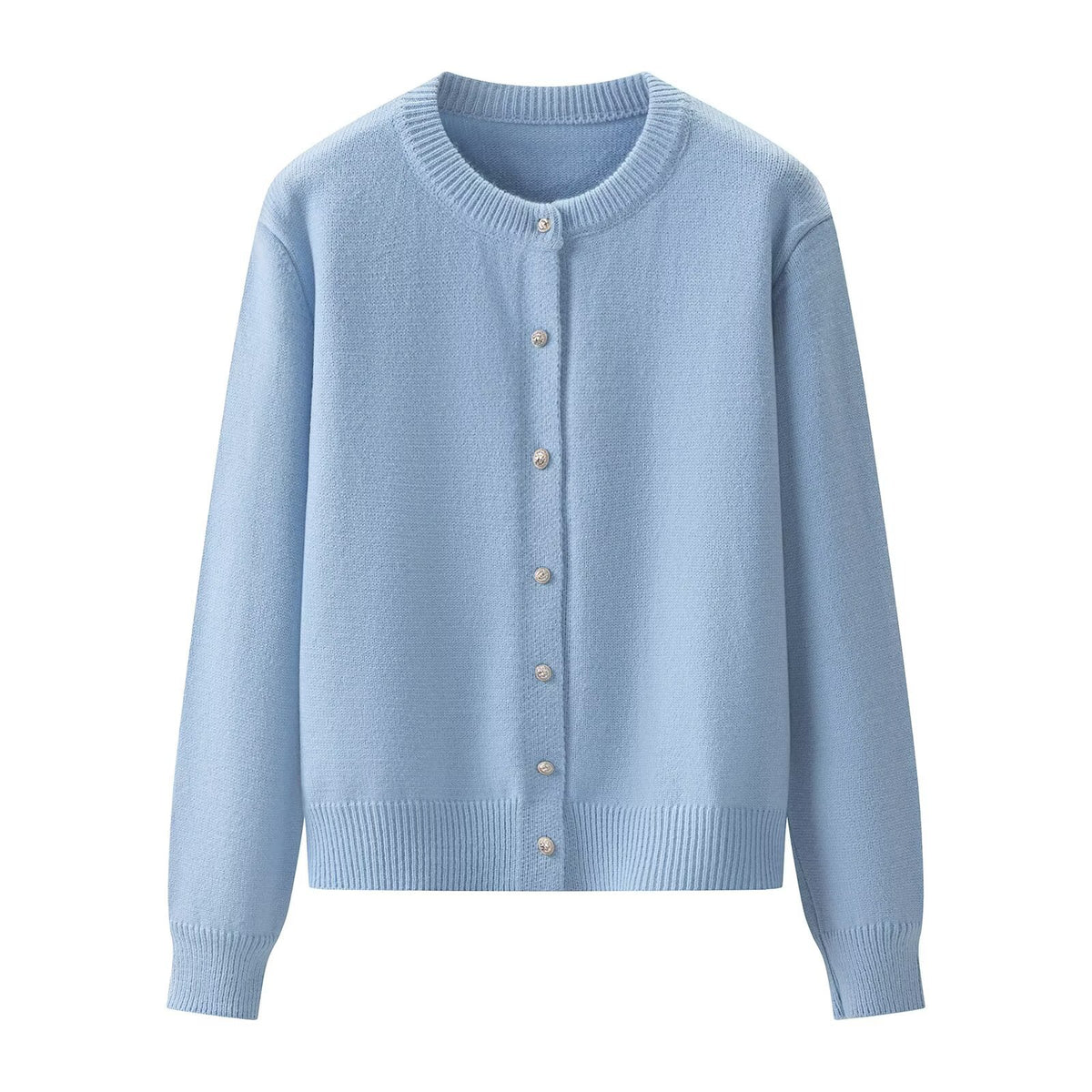 Solid color round neck long sleeved knitted cardigan jacket