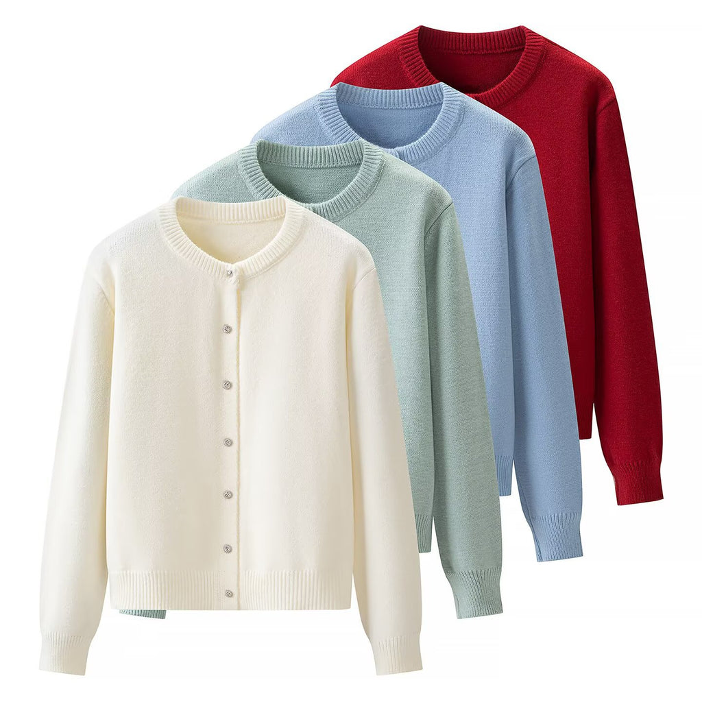 Solid color round neck long sleeved knitted cardigan jacket