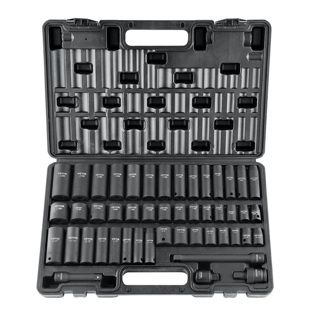 3/8" Drive Impact Socket Set, 48 Piece Socket Set SAE ?5/16" -3/4"? & Metric ?8-22mm?6 Point Cr-V Drive Extension Bar Universal Joint & Power Drill Adapter Includes Storage Case
