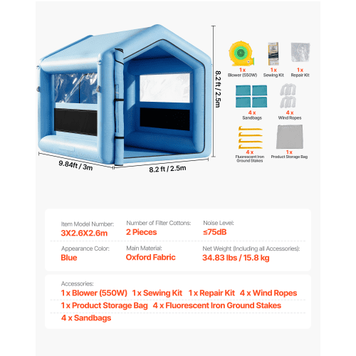 Inflatable Paint Booth, 9.84 x 8.2 x 8.2 ft, Inflatable Spray Booth with 550W Powerful Blower and Air Filter System, Triangular Roof, for Painting Bicycle, Motorcycle, Automotive Sheet Metal